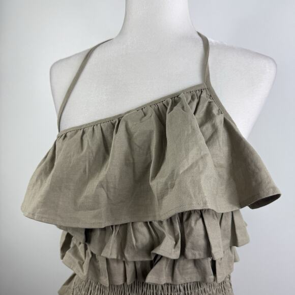 Tularosa Rory Linen Blend Mini Dress Medium Ruffled Smocked Backless Tie Neck - Picture 5 of 15